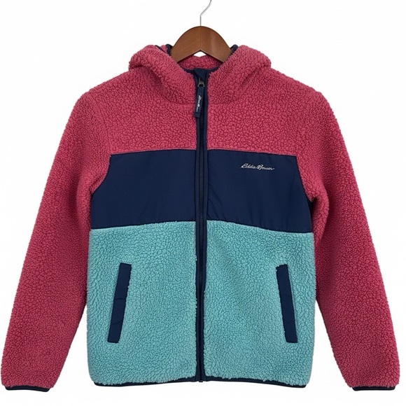 Eddie Bauer Other - Eddie Bauer Hooded Sherpa Fleece Girls Zip Up Jacket Blue Pink Medium (10/12)